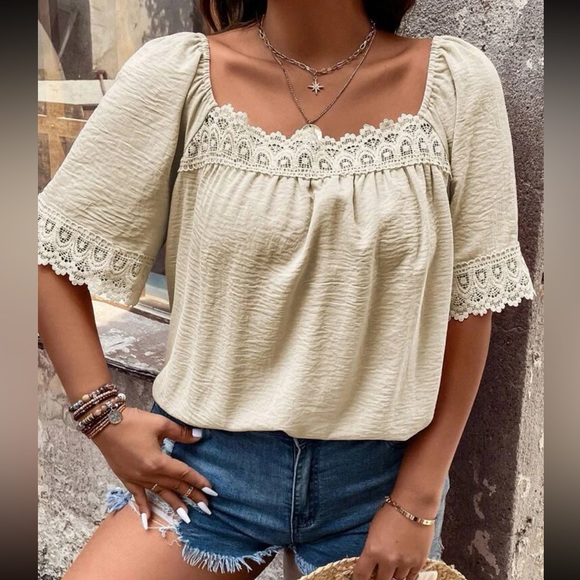 Plus size lace trim square neck blouse - Picture 11 of 16